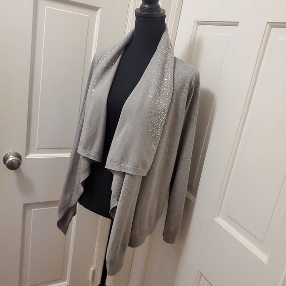 NWT DKNY Gray With Sequin Cascading Open Front Cardigan size xs/small - Picture 2 of 11